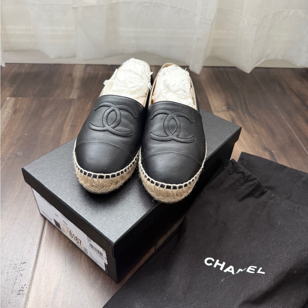 CHANEL Black Leather Espadrilles